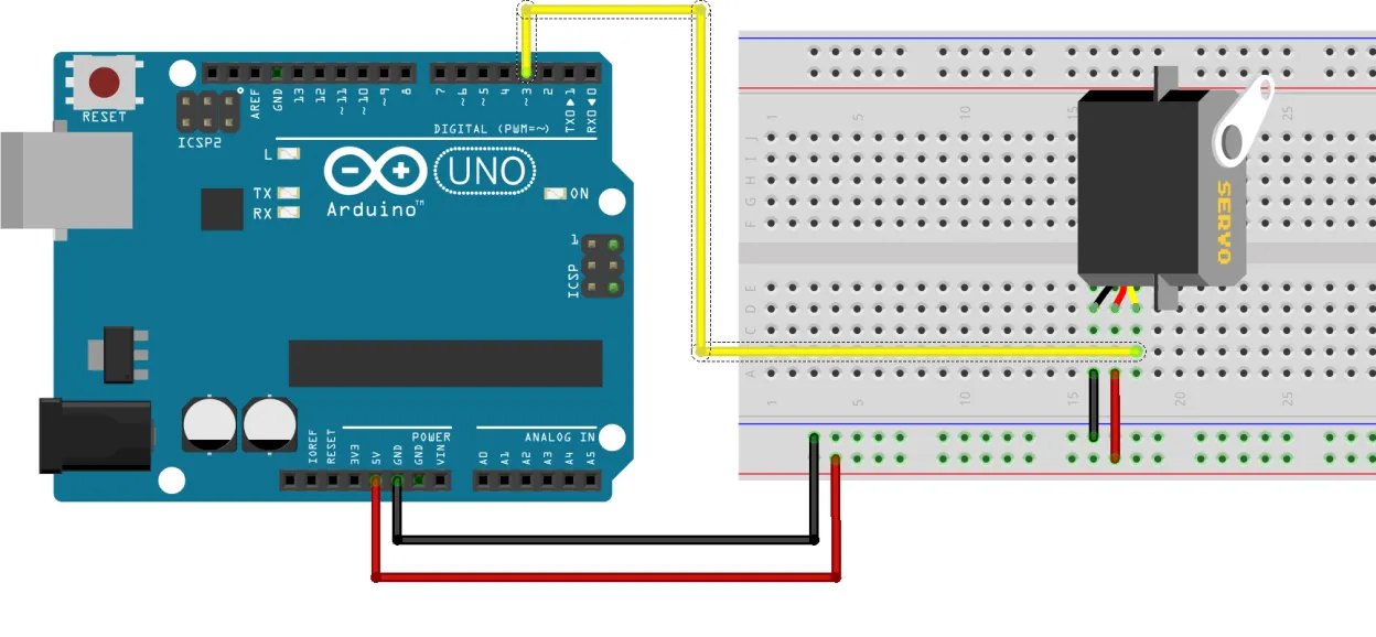 Esquema de conexión: placa Arduino UNO con el cable de señal del servo (amarillo) al pin 3, y la alimentación del servo (rojo y negro) a los pines 5V y GND a través de la protoboard.
