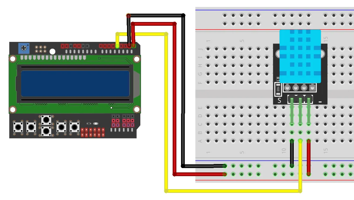 Esquema de conexión: a la izquierda un LCD Keypad Shield (placa verde con pantalla azul de dos filas y botones abajo); a la derecha, en una protoboard, un módulo DHT11 azul. Cables de alimentación (rojo y negro) y un cable de datos amarillo llevan la señal del DHT11 hacia la placa.