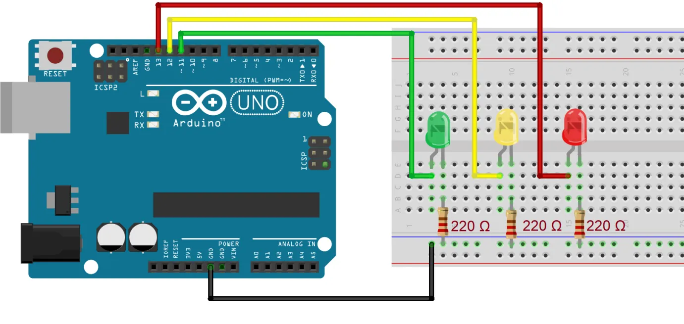 Esquema de conexión: Arduino UNO con tres LED (verde, amarillo y rojo) en la protoboard, cada uno con su resistencia de 220 ohm hacia la línea de GND.