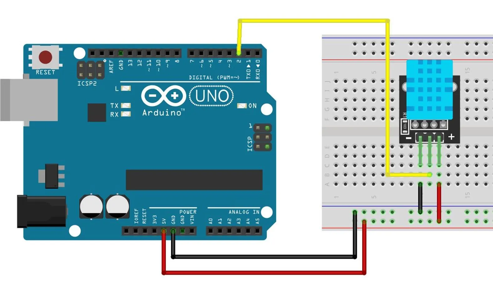 Esquema de conexión: una placa Arduino UNO y una protoboard con un módulo DHT11 azul; un cable amarillo lleva el pin de datos del DHT11 al pin 2 de la placa, y la alimentación va a 5V y GND.