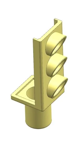 Render del modelo 3D del cuerpo del semáforo: una pieza vertical con tres alojamientos circulares para los LED y una base de encastre.