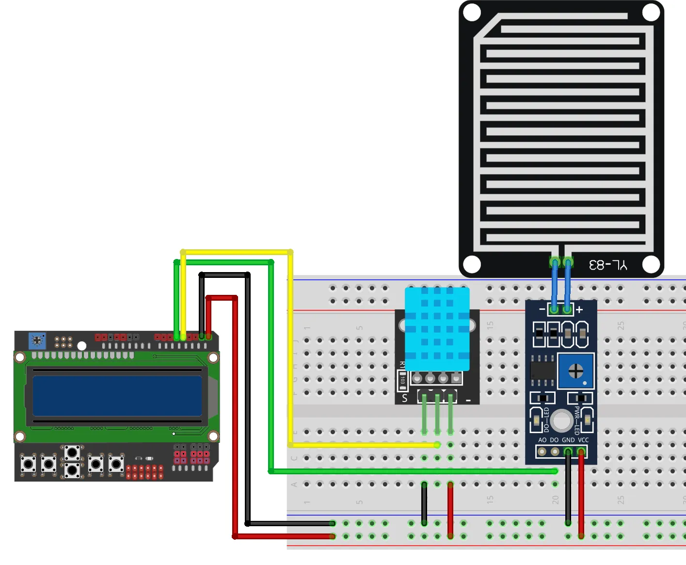 Esquema de conexión: a la izquierda el LCD Keypad Shield; en la protoboard, el módulo DHT11 azul y el módulo del sensor de lluvia (plaquita con potenciómetro y pines AO, DO, GND, VCC); arriba, la placa colectora del sensor de lluvia etiquetada YL-83, unida a la plaquita por dos cables.