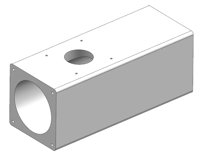 Render 3D de una de las piezas del dosificador: una caja rectangular alargada, con un orificio circular en la cara superior (por donde entra el alimento) y una abertura circular grande en un extremo (donde va el motor), con perforaciones para los tornillos de sujeción.