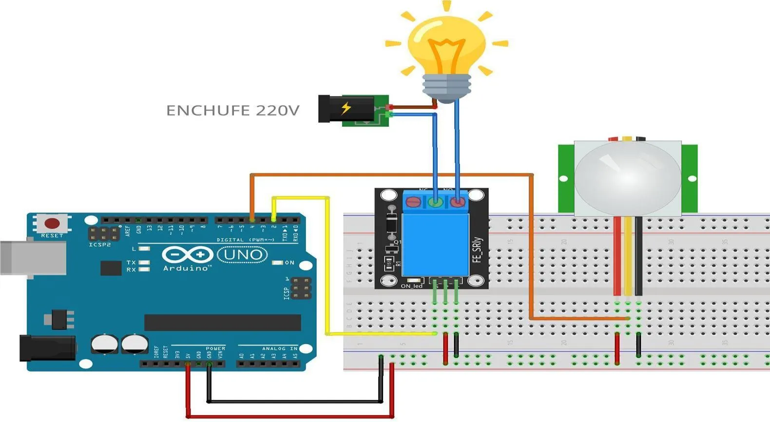 Esquema de conexión del sistema completo: Arduino UNO con el módulo relé que conmuta la lámpara y el sensor PIR montado en la protoboard, ambos conectados a la vez.