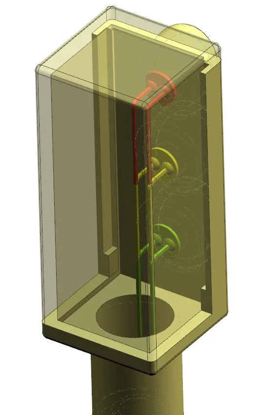 Render translúcido del modelo 3D del semáforo donde se ven los tres LED (rojo, amarillo y verde) alojados en su interior con sus cables bajando por el poste.