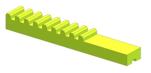 Render 3D de una cremallera: una barra alargada con dientes en la mitad superior de un extremo y una sección lisa hacia el otro.