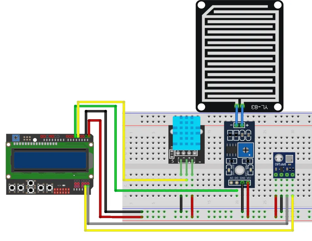 Esquema de conexión del sistema completo: a la izquierda el LCD Keypad Shield; en la protoboard, el módulo DHT11, el módulo del sensor de lluvia con su placa colectora YL-83 y, a la derecha, el pequeño módulo BMP180. Cables de señal amarillos y grises llevan las líneas SDA y SCL hacia la placa.