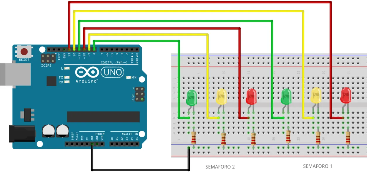 Esquema de conexión: Arduino UNO con seis LED en la protoboard formando dos semáforos, rotulados Semáforo 1 y Semáforo 2, cada LED con su resistencia de 220 ohm.