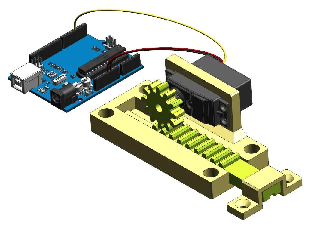 Render 3D del mecanismo montado: una placa Arduino conectada por dos cables a un servomotor, que tiene acoplado un piñón dentado engranado con una cremallera dentro de una base impresa; en la punta de la cremallera hay un saliente que hace de pasador.
