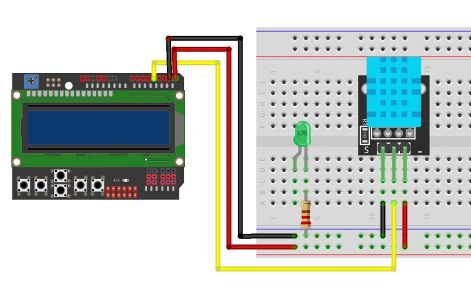 Esquema de conexión del sistema completo en Arduino UNO: el LCD Keypad Shield a la izquierda, y una protoboard a la derecha con el LED verde, su resistencia y el módulo DHT11 azul, cableados a la placa.