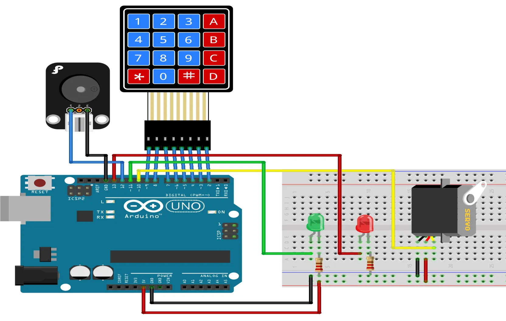 Esquema de conexión del nivel intermedio: un teclado matricial 4x4 (teclas 1-9, 0, A, B, C, D, asterisco y numeral) con un conector de 8 pines hacia el Arduino UNO, un buzzer a la izquierda, y en la protoboard un LED verde, un LED rojo y el servomotor.
