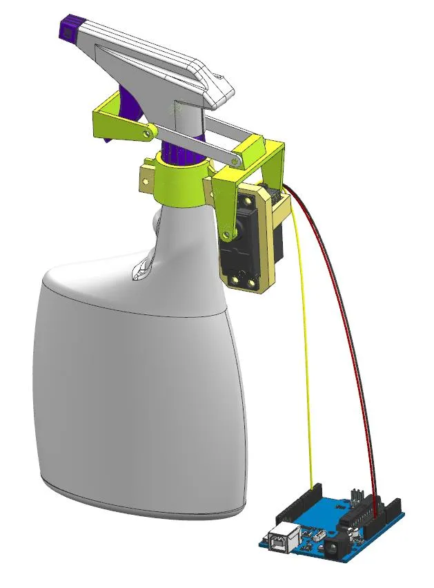 Vista del mecanismo impreso en 3D montado sobre la botella del pulverizador: el servo, sujeto al soporte, acciona el gatillo mediante un brazo articulado; los cables de señal y alimentación bajan hacia la placa Arduino.