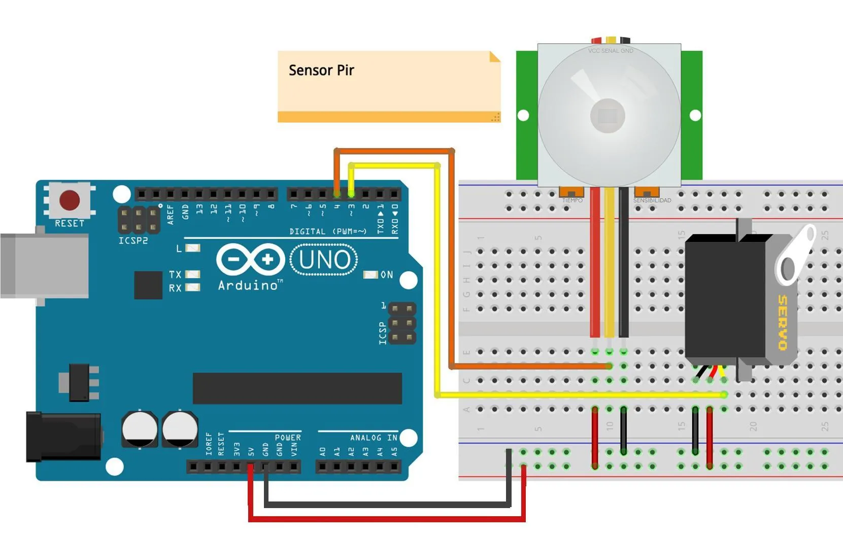 Esquema del circuito completo del nivel avanzado: Arduino UNO con el sensor PIR conectado al pin 4 y el servomotor conectado al pin 3, ambos alimentados desde la placa a través de la protoboard.