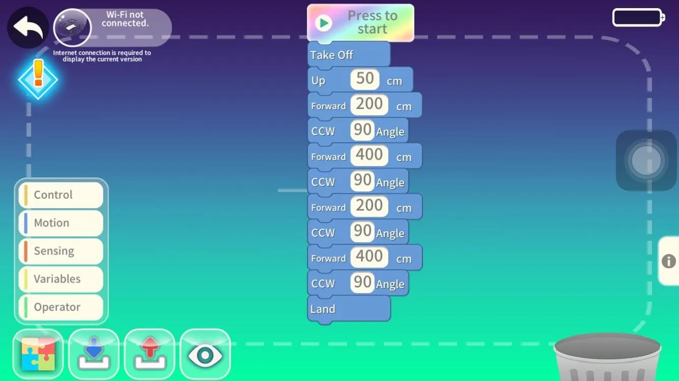 Pantalla de la app Tello EDU con una secuencia de bloques apilados: Take Off, Up 50 cm, Forward 200 cm, CCW 90°, Forward 400 cm, CCW 90°, Forward 200 cm, CCW 90°, Forward 400 cm, CCW 90° y Land. A la izquierda, las categorías Control, Motion, Sensing, Variables y Operator.