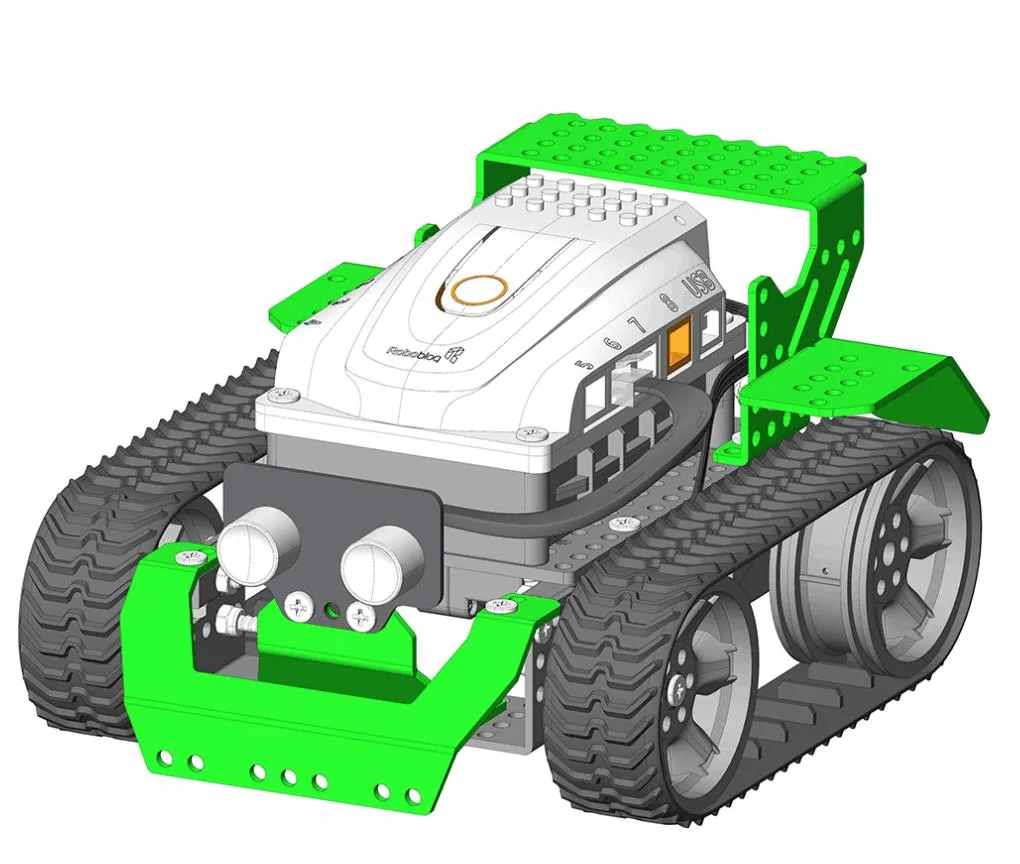 Segundo modelo del robot armado con el kit: chasis con orugas y ruedas, la controladora en el centro y, montado al frente y abajo, un sensor ultrasónico con sus dos cilindros característicos (emisor y receptor).