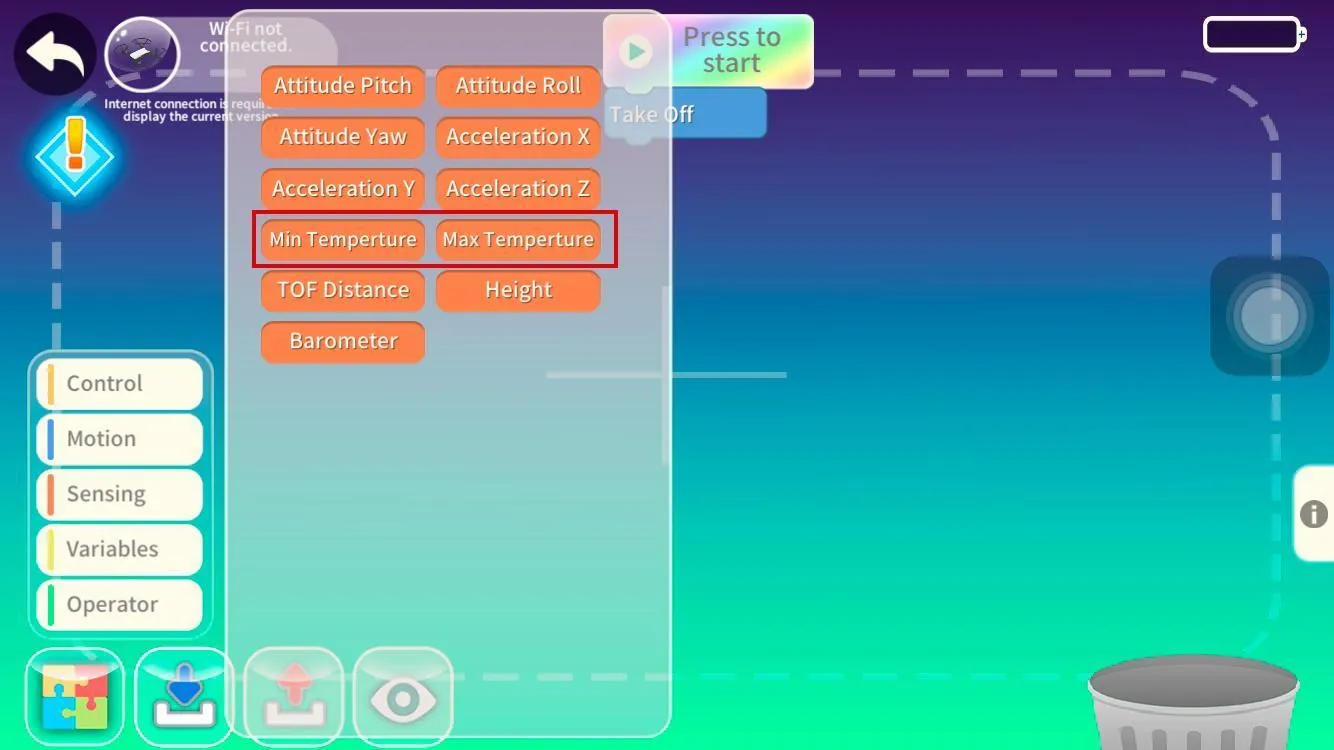 Panel de bloques de la categoría Sensing en la app Tello EDU. Entre las opciones (Attitude, Acceleration, TOF Distance, Height, Barometer) están resaltados con un recuadro rojo los bloques Min Temperature y Max Temperature.