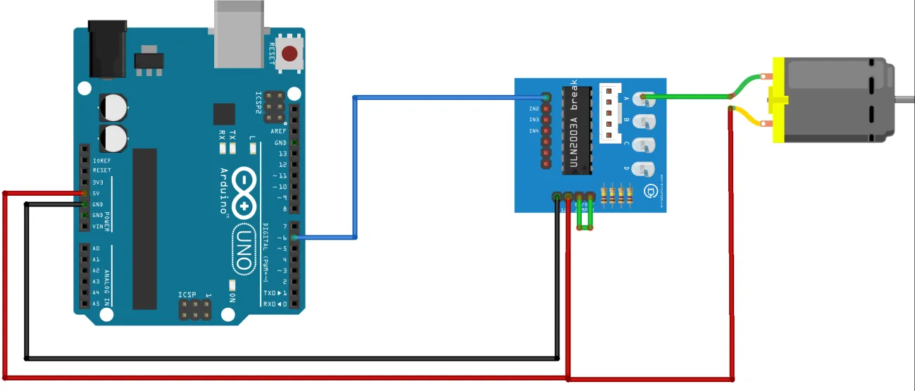 Esquema de conexión: placa Arduino UNO con una salida digital que va a una entrada del módulo ULN2003; el módulo alimentado por las pilas comanda un único motor DC conectado a una de sus salidas; masa común entre la placa y las pilas.