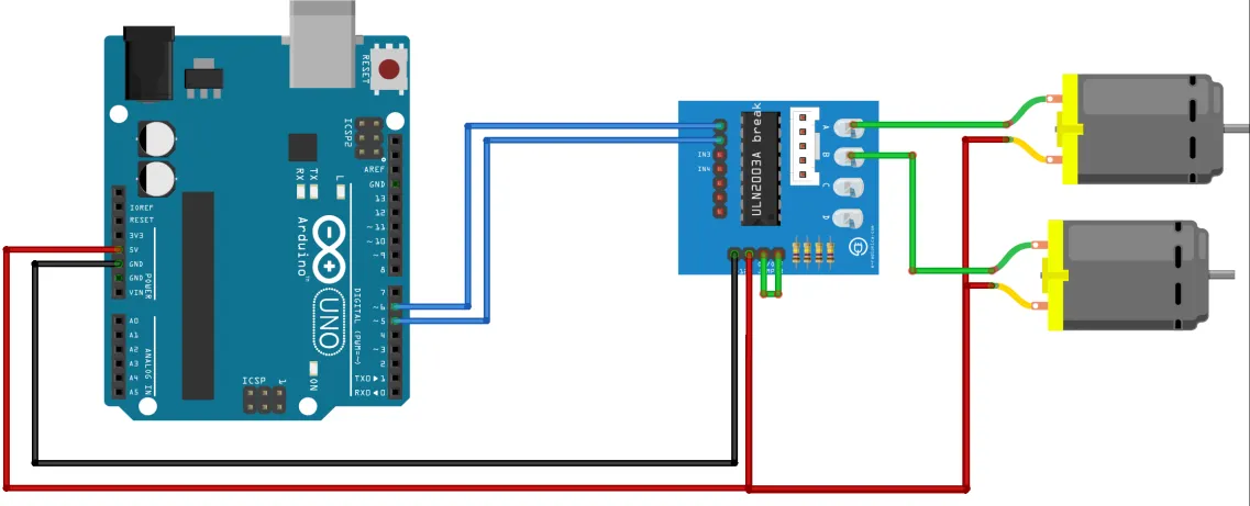 Esquema de conexión: placa Arduino UNO con dos salidas digitales que van a dos entradas del módulo ULN2003; el módulo comanda dos motores DC, uno por cada salida; ambos motores y la placa comparten la alimentación de las pilas y la masa.