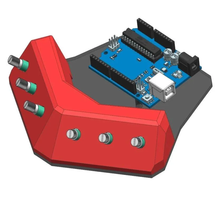 Render 3D de una carcasa roja en forma de L con seis potenciómetros montados (tres en la cara vertical y tres en la horizontal) y, a la derecha, una placa Arduino con su shield apoyada sobre la misma pieza.