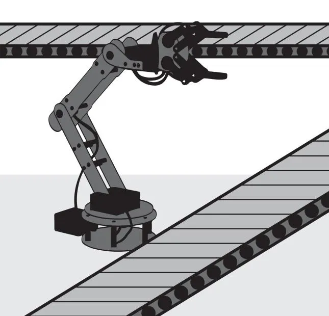 Ilustración de un brazo robótico de seis articulaciones montado entre dos cintas transportadoras: una superior de la que la pinza toma un objeto y otra inferior, dispuesta a 90°, donde lo deposita.